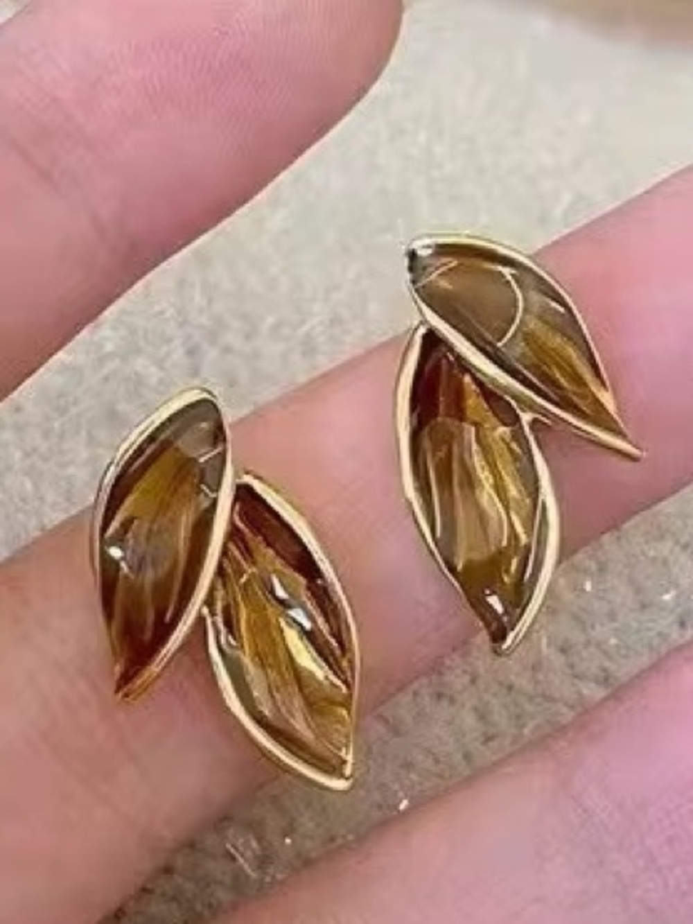 Gold Leaf-Style Amber Glass Stud Earrings - Women Jewelry